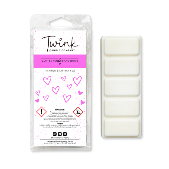 Vanilla Candy Rock Sugar inspired soy wax melt snap bar with its five break-apart wax melts on a white background, by Twink Candle Company