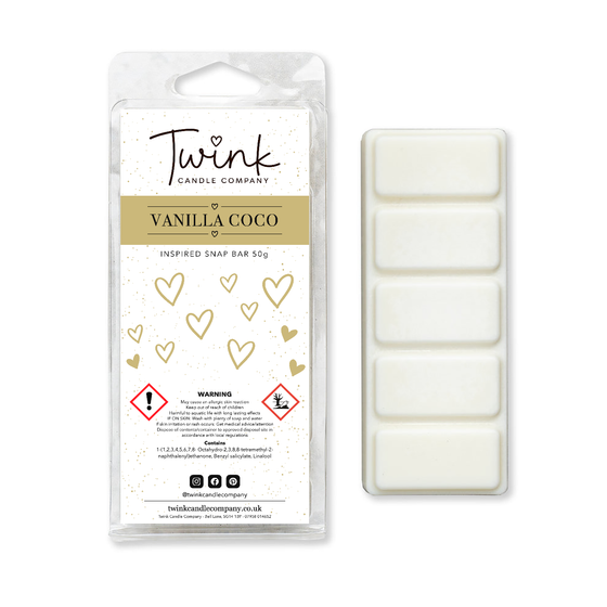 Vanilla Coco inspired soy wax melt snap bar with its five break-apart wax melts on a white background, by Twink Candle Company