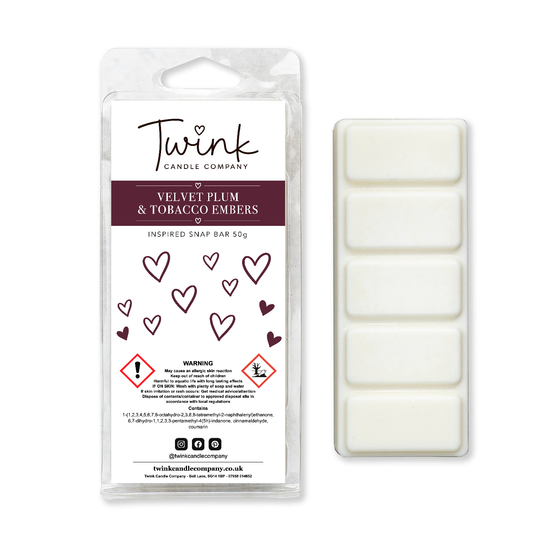 Velvet Plum & Tobacco Embers soy wax melt snap bar by Twink Candle Company shown with its five break-apart melts on a white background