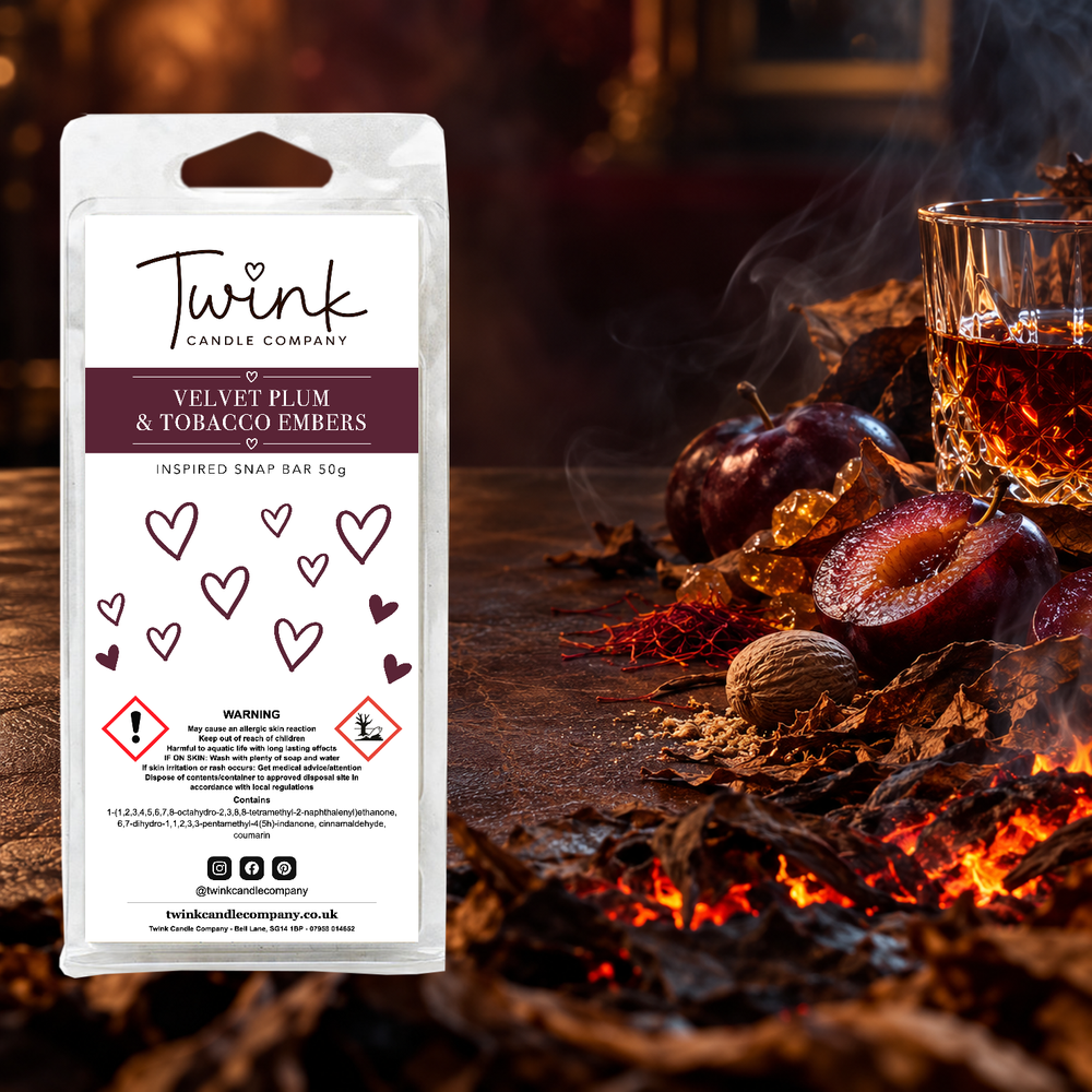 Velvet Plum & Tobacco Embers inspired soy wax melt snap bar by Twink Candle Company, with winter plums, tobacco leaf and glowing embers
