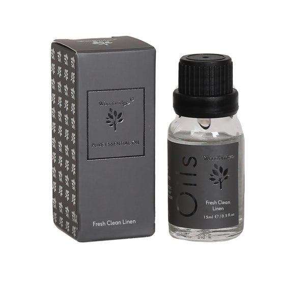 Woodbridge Fresh Clean Linen essential oil 15ml bottle and box on a white background