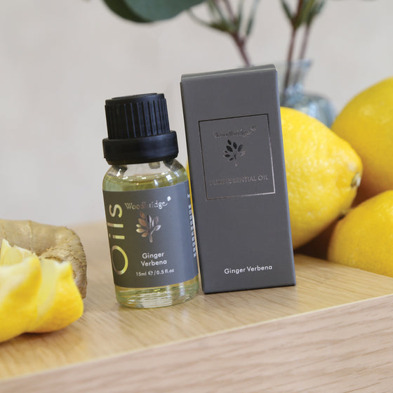 Woodbridge Ginger Verbena essential oil 15ml bottle and box styled lifestyle
