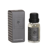 Woodbridge Lemongrass and Sage essential oil 15ml bottle and box on a white background