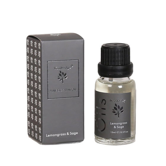 Woodbridge Lemongrass and Sage essential oil 15ml bottle and box on a white background