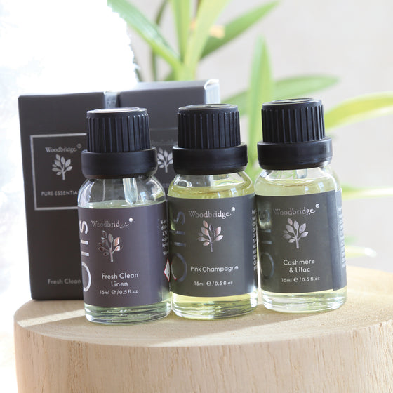 Woodbridge Pink Champagne essential oil 15ml bottle and box styled lifestyle