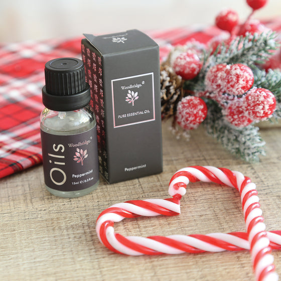 Woodbridge Peppermint essential oil 15ml bottle and box styled lifestyle