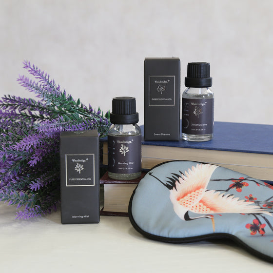 Woodbridge Sweet Dreams essential oil 15ml bottle and box styled lifestyle