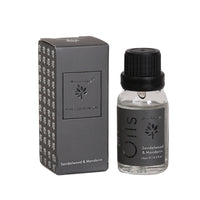 Woodbridge Sandalwood & Mandarin essential oil 15ml bottle and box on a white background