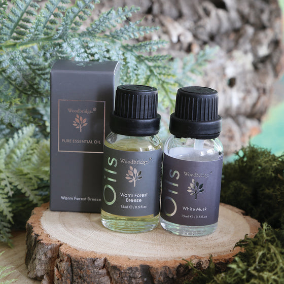 Woodbridge White Musk essential oil 15ml bottle and box styled lifestyle