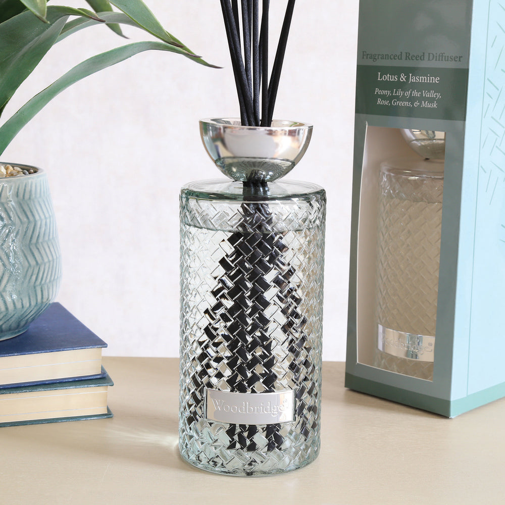 Woodbridge Lotus & Jasmine 1000ml reed diffuser styled in a room