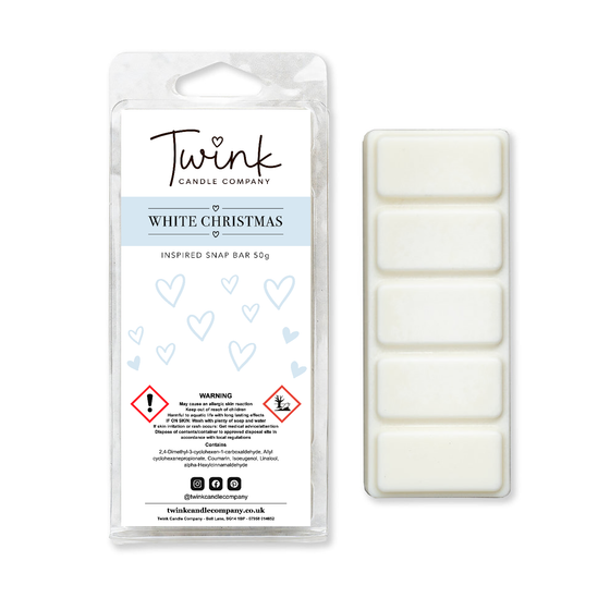 White Christmas inspired soy wax melt snap bar with its five break-apart wax melts on a white background, by Twink Candle Company