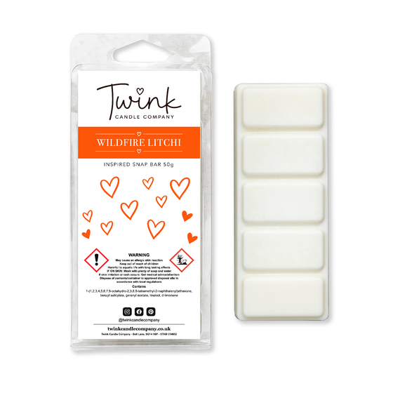 Wildfire Litchi soy wax melt snap bar by Twink Candle Company shown with its five break-apart melts on a white background