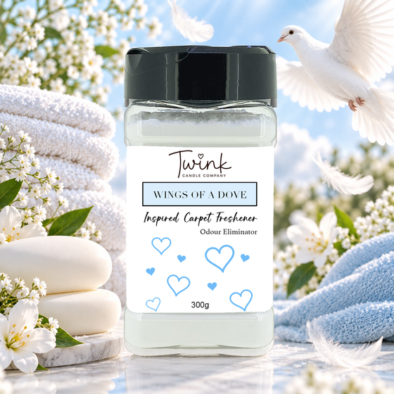 Wings Of A Dove inspired carpet freshener by Twink Candle Company, a 300g odour-eliminating shaker jar shown in a themed setting