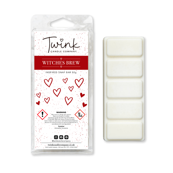 Witches Brew soy wax melt snap bar with its five break-apart wax melts on a white background, by Twink Candle Company