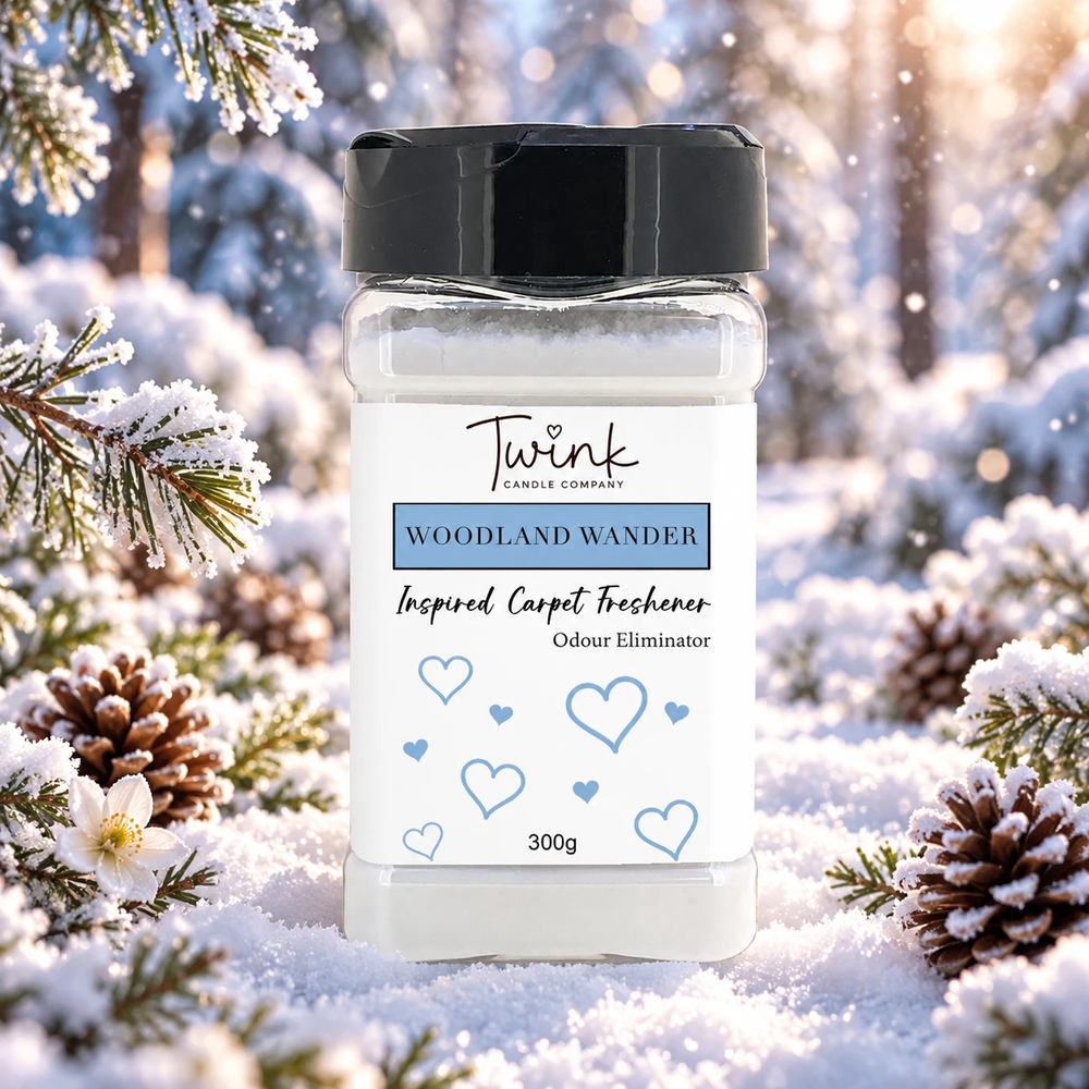 Woodland Wander (300g) inspired carpet freshener — 300g odour-eliminating shaker jar shown in a snowy woodland setting