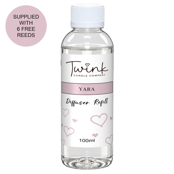 Yara 100ml reed diffuser refill bottle by Twink Candle Company on a white background, supplied with six free reeds