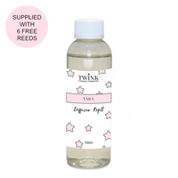 Yara diffuser refill by Twink Candle Company, a clear 100ml bottle with a white cap and pink star label, supplied with 6 free reeds