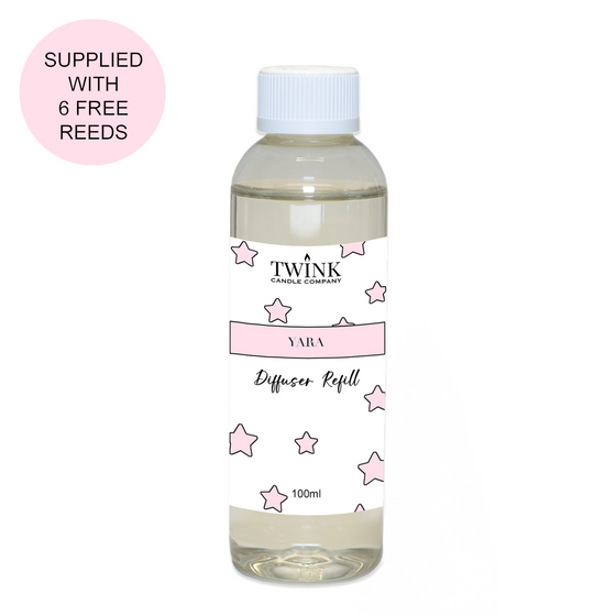 Yara diffuser refill by Twink Candle Company, a clear 100ml bottle with a white cap and pink star label, supplied with 6 free reeds